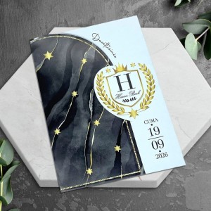 Siyah Zemine Yıldız Temalı Soldan Katlamalı Sünnet Davetiyesi