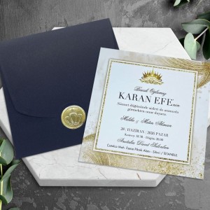 İçi Taçlı Yaldız Süslemeli Siyah Zarflı Sünnet Davetiyesi