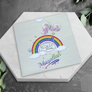 Gökkuşağı Bulut Temalı Kare Zarflı Sünnet Davetiyesi