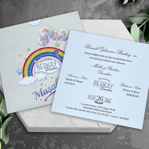 Gökkuşağı Bulut Temalı Kare Zarflı Sünnet Davetiyesi