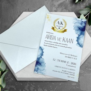 Beyaz Zarflı İçi Sulu Boya Efektli Sünnet Davetiyesi