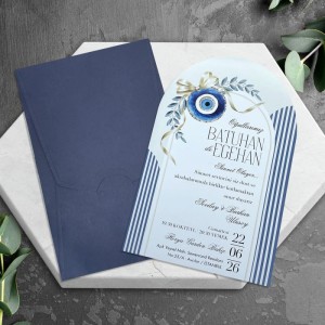 İçi Oval Kesim Nazar Boncuklu Lacivert Zarflı Sünnet Davetiyesi