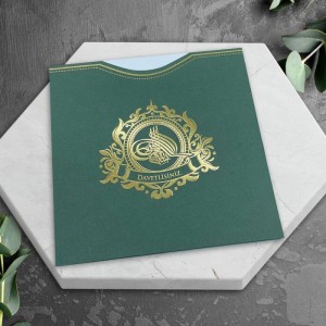 Yeşil Kare Üstten Kesik Zarflı Tuğralı Sünnet Davetiyesi