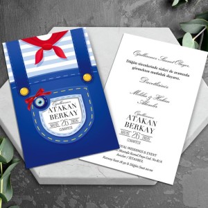 Zarfı Denizci Tulumlu İçi Beyaz Sade Sünnet Davetiyesi