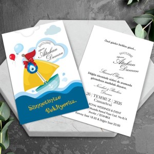 Deniz Temalı Üstten Kesik Zarflı Sünnet Davetiyesi