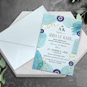 Açık Mavi Boyamalı Nazar Boncuklu Beyaz Zarflı Sünnet Davetiyesi