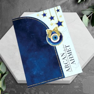 Soldan Katlamalı Lacivert Yıldızlı Nazar Boncuklu Sünnet Davetiyesi