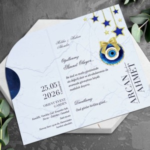 Soldan Katlamalı Lacivert Yıldızlı Nazar Boncuklu Sünnet Davetiyesi