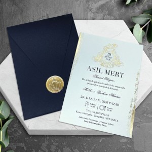 Siyah Zarfa Yaldızlı Etiketli Şık Sünnet Davetiyesi