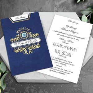 Lacivert Pencereli Zarfa Altın Yaldız Süslemeli Sünnet Davetiyesi