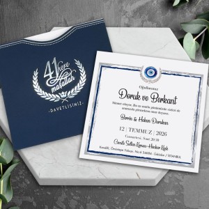 Lacivert Kare Üstten Kesik Zarfa Yaldız Baskılı Sünnet Davetiyesi