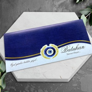 Lacivert Üstten Katlamalı Nazar Boncuklu Sünnet Davetiyesi