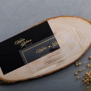 Siyah Yatay Zarfa Altın Yaldız Baskılı Asetat Davetiye