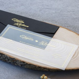 Siyah Yatay Zarfa Altın Yaldız Baskılı Asetat Davetiye