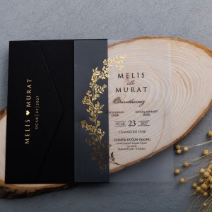 Altın Yaldız Süslemeli Şeffaf Asetattan Siyah Zarflı Davetiye