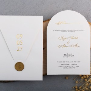 Zarflı Altın Yaldız Baskılı Mühürlü Sade İçi Oval Davetiye