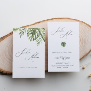 Üstü Açık Zarfa Yaprak Tasarımlı Düğün Davetiyes