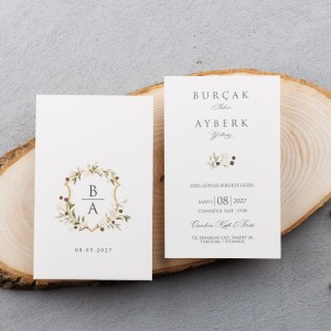 Krem Zemine Yuvarlak Çelenk Tasarımlı Sade Davetiye