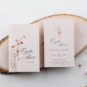 Pembe Zemine Çiçek Tasarımlı Zarfı İsim Baskılı Davetiye