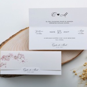 Üstü Çiçek Desenli Pembe Zeminli Katlamalı Davetiye