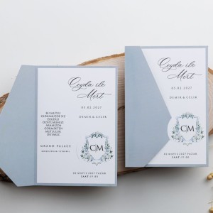 Gri Soldan Katlamalı Geçmeli Zarfsız Düğün Davetiyesi