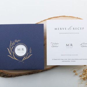 Üstü Açık Kare Lacivert Zarflı Lacivert Düğün Davetiyesi