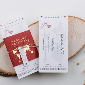 İçi Uçak Bileti Tasarımlı Bordo Pasaport Düğün Davetiyesi