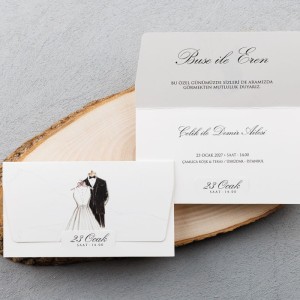 Gelin Damat Silüetli Katlamalı Düğün Davetiyesi