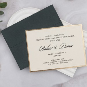 Yeşil Zarflı İçi Krem Kenarı Yaldızlı Davetiye