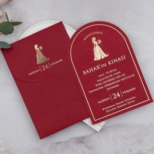 Bordo Zarflı İçi Oval Kına Davetiyesi