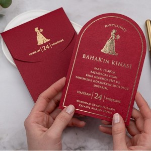 Bordo Zarflı İçi Oval Kına Davetiyesi