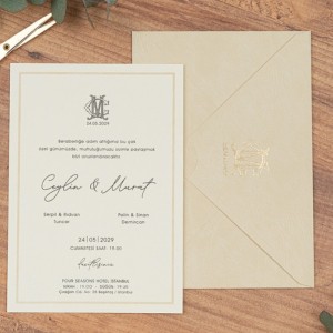 Krem Dikdörtgen Zarflı İçi Beyaz Sade Düğün Davetiyesi