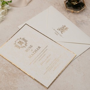 Krem Zarflı Mukavva Kenarı Yaldızlı Düğün Davetiyesi