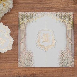 Krem Çiçek Mizanpajlı Mukavva Katlamalı Jelatinli Düğün Davetiyesi