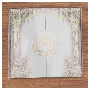 Krem Çiçek Mizanpajlı Mukavva Katlamalı Jelatinli Düğün Davetiyesi