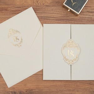 Krem Kare Zarflı Katlamalı Mukavva Düğün Davetiyesi