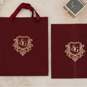 Bordo Dışı Keten İç Mukavva Çantalı Katlamalı Davetiye