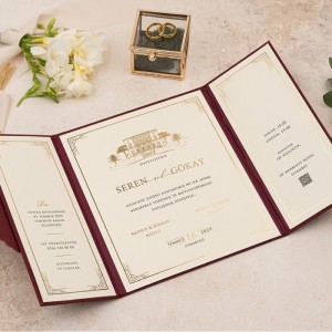 Bordo Dışı Keten İç Mukavva Jelatinli Katlamalı Davetiye