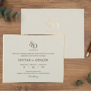 Yatay Krem Zarflı İç Kenarı Altın Yaldızlı Sade Davetiye