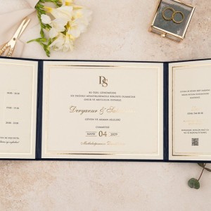 Lacivert Dışı Keten Dokulu Mukavva Jelatinli Davetiye Modeli