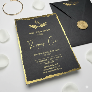 Mühürlü Siyah Zarfa Altın Yaldız Süslemeli Mühürlü Davetiye