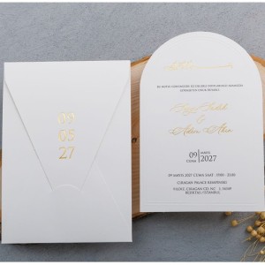 Zarflı Altın Yaldız Baskılı Sade İçi Oval Davetiye