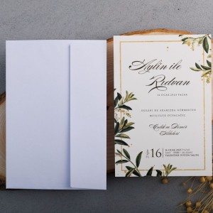Yapraklı Çiçekli Tasarımlı Düğün Davetiyesi