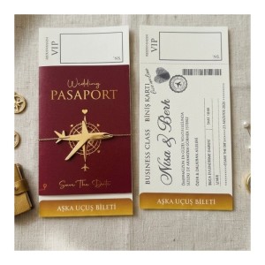 Bordo Altın Renkli Yazılı Uçak Aksesuarlı Pasaport Davetiye