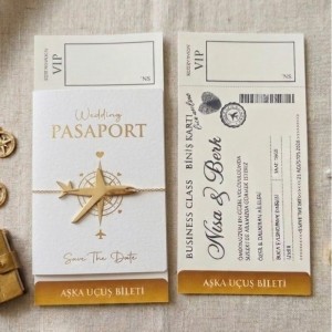 Beyaz Altın Renkli Yazılı Uçak Aksesuarlı Pasaport Davetiye