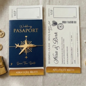Lacivert Altın Renkli Yazılı Uçak Aksesuarlı Pasaport Davetiye