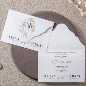 Üstten Katlamalı Özel Kesim Dışı Baskılı Düğün Davetiyesi