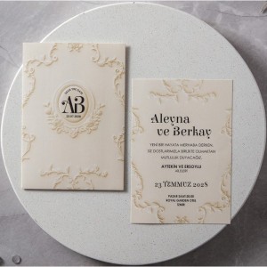 Krem Zemine Sade Desenli Siyah Baskılı Davetiye Modeli