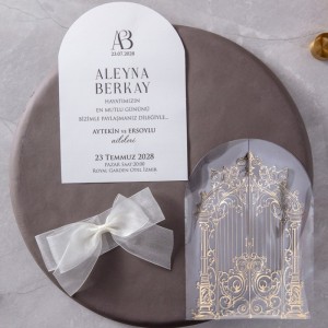 Dışı Oval Şeffaf Aydıngere Yaldız Baskılı Fiyonklu Özel Tasarımı Davetiye