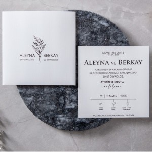 Beyaz Fantazi Kağıda Siyah Baskılı Sade Düğün Davetiyesi